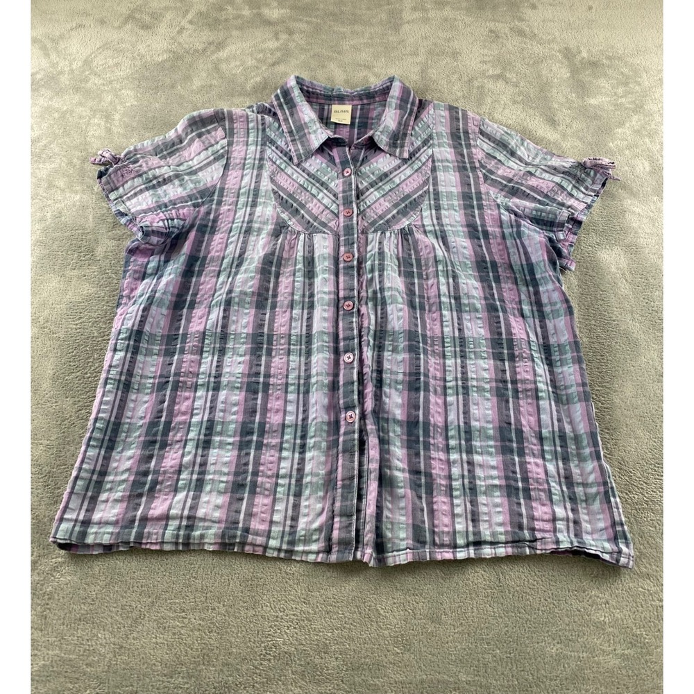 Blair Womens XLG Purple Plaid Button Up Blouse Short Sleeve Tie Cuff Textured